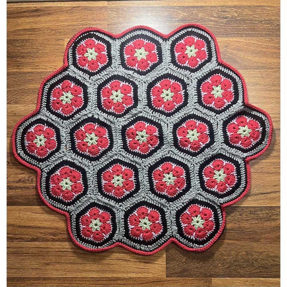 Large Crocheted Vibrant Grey Black Pink Tabletop Doilie 28in Dia.